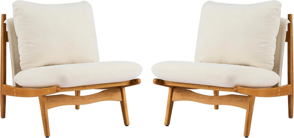 Christopher Knight Home Vista Low Profile Accent Chair Set of 2 with Removable Cushion, Solid Wood Armless Lounge Chair, Fabric Comfy Reading Chair for Bedroom, Beige+Natural
