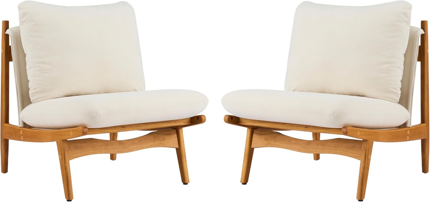 Christopher Knight Home Vista Low Profile Accent Chair Set of 2 with Removable Cushion, Solid Wood Armless Lounge Chair, Fabric Comfy Reading Chair for Bedroom, Beige+Natural