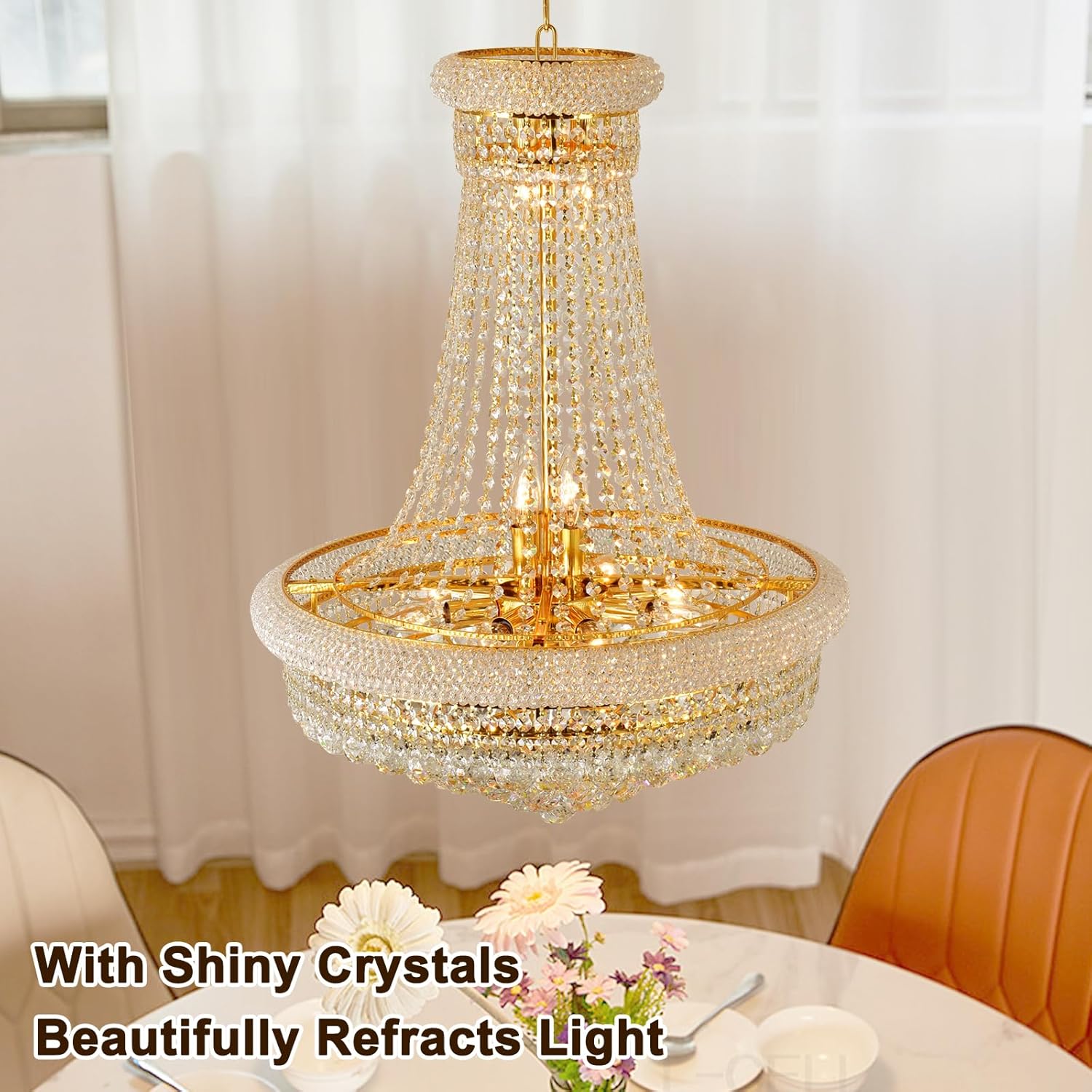 24'' Gold Crystal Chandelier Lighting, 13-Light Modern Gold French Empire Foyer Chandelier, Crystal Raindrop Hanging Pendant Light Fixture for Dining Living Room Bedroom Kitchen Shop
