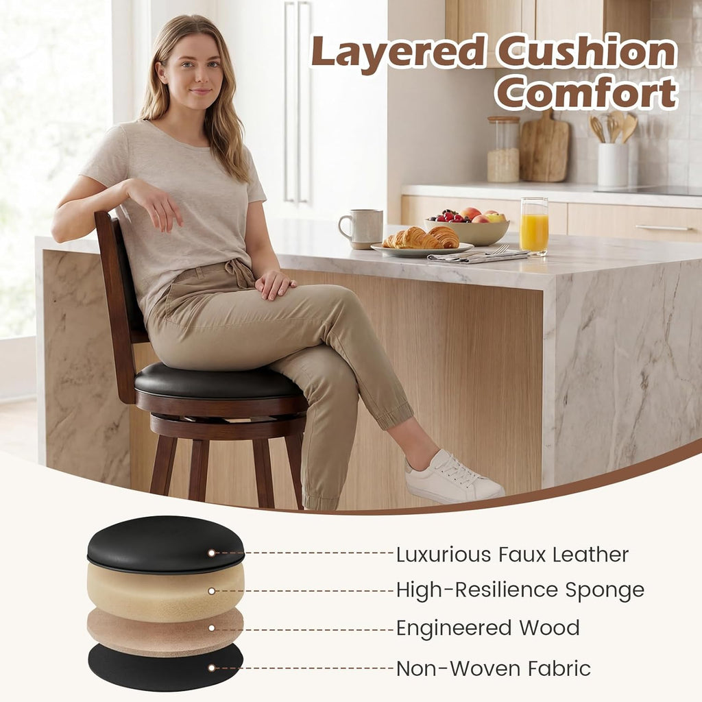 COSTWAY Bar Stools Set of 2, 360 Degree Swivel, Accent Wooden Swivel Seat Counter Height Bar Stool, Leather Upholstered Design, PVC Cushioned Seat, Perfect for Dining and Living Room (Height 24")