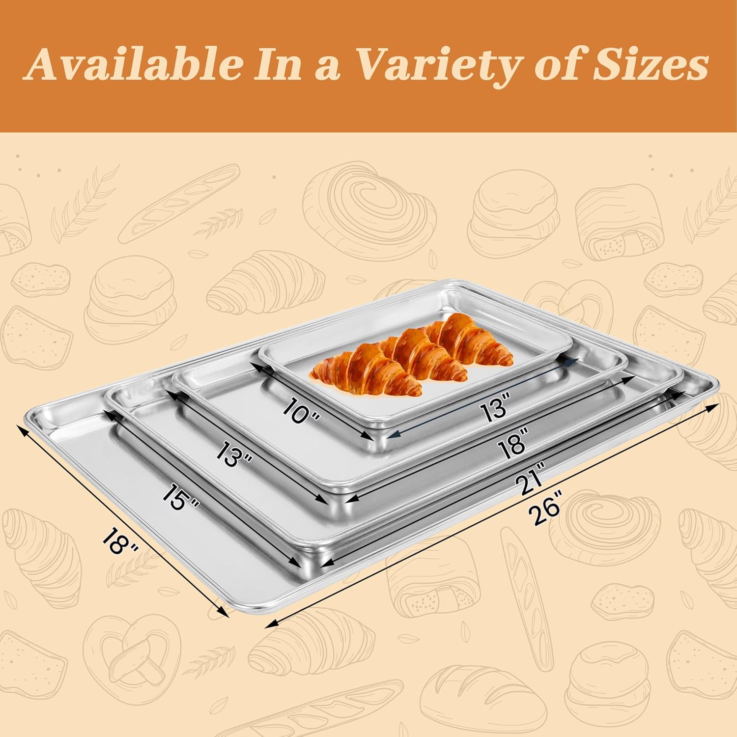 6 Pack Full Size Baking Sheet Pans, Aluminum Commercial Cookie Sheets Non-Stick, 26"x18"