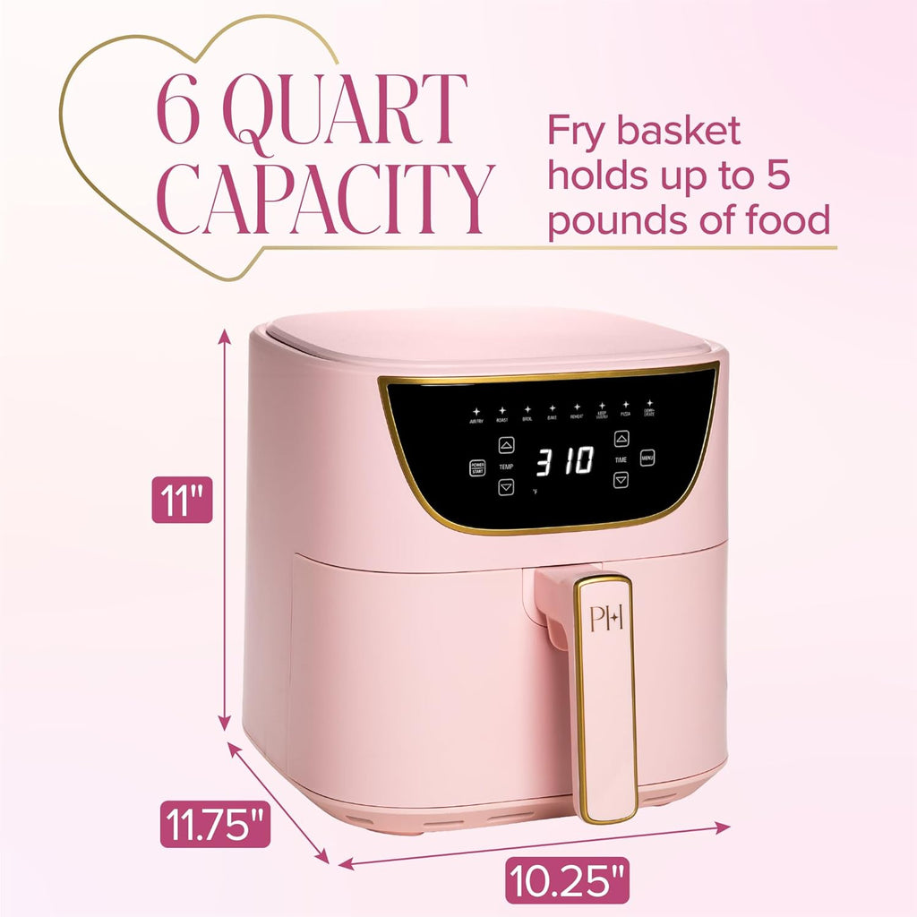 Paris Hilton 6-Quart Air Fryer, Nonstick Basket Made Without PFAS, Touchscreen, 8-in-1 (Fry, Roast, Broil, Bake, Reheat, Keep Warm, Pizza, Dehydrate), Dishwasher Safe Basket and Crisping Tray, Pink