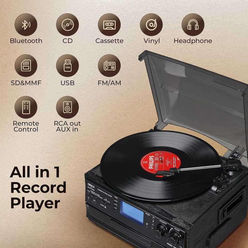 ORCC 10-in-1 Bluetooth Turntable Record Player with Built-in Speaker, Vinyl Turntable CD Cassette and FM/AM Radio Combo, AUX in RCA Out USB MP3 Recording Headphone Jack Compact