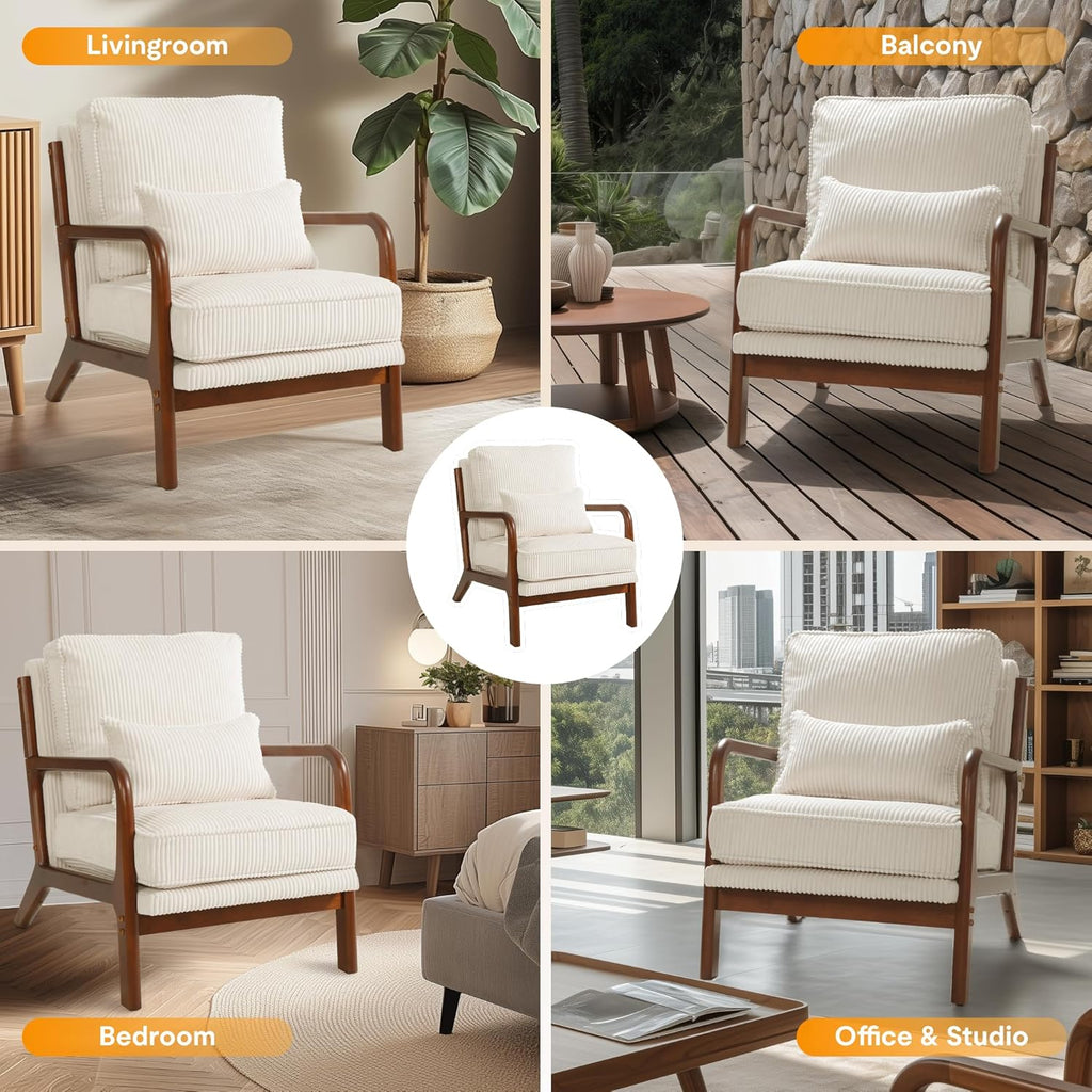 LEXISPOT AC1 Accent Chairs Set of 2, Upholstered Mid Century Modern Corduroy Armchairs with Solid Wood Frame, Comfy Lounge Reading Chairs Farmhouse Armchairs for Living Room, Bedroom, Balcony (Cream)