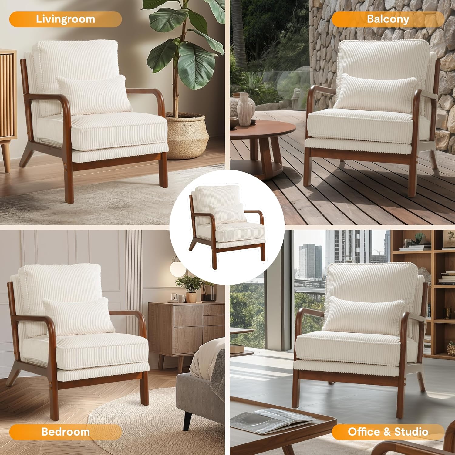 LEXISPOT AC1 Accent Chairs Set of 2, Upholstered Mid Century Modern Corduroy Armchairs with Solid Wood Frame, Comfy Lounge Reading Chairs Farmhouse Armchairs for Living Room, Bedroom, Balcony (Cream)
