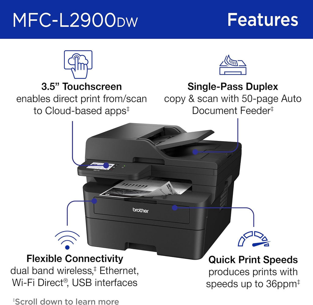 Brother Professional Laser Printer with Scanner, High-Speed 36 ppm Monochrome All-in-One, Wireless Duplex Printing and Scanning, Cloud-Ready 3.5 in Touchscreen for Small Business (MFC-L2900DW)
