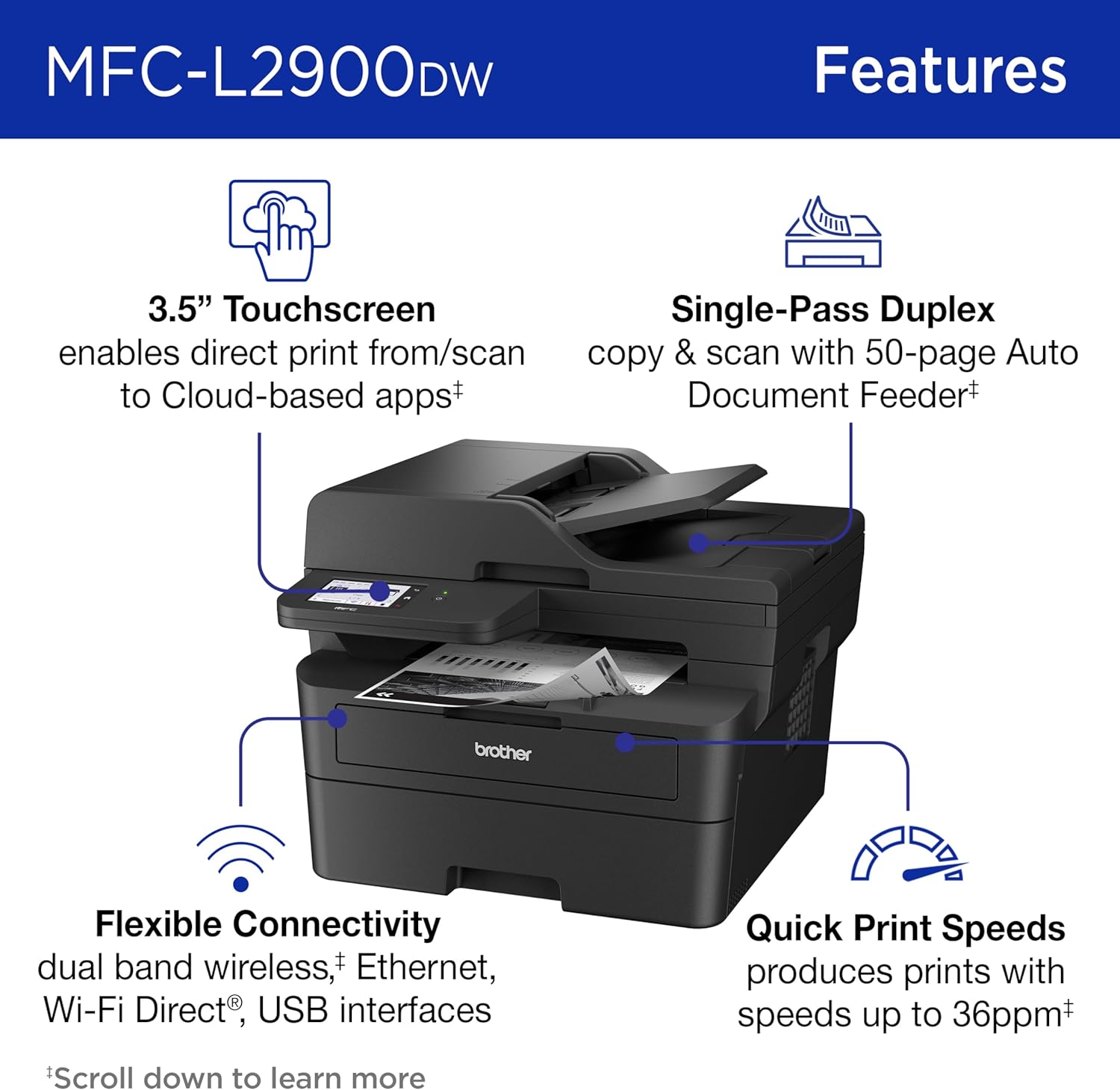 Brother Professional Laser Printer with Scanner, High-Speed 36 ppm Monochrome All-in-One, Wireless Duplex Printing and Scanning, Cloud-Ready 3.5 in Touchscreen for Small Business (MFC-L2900DW)