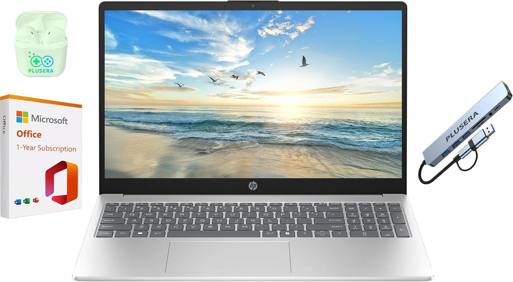 HP 15.6" Business Laptop Computer with 1-Year Microsoft Office 365 with AI Copilot, 16GB RAM 128GB SSD, Quad-Cores Intel Processor, Windows 11, PLUSERA Earphones & 8-in-1 Hub Included, Silver