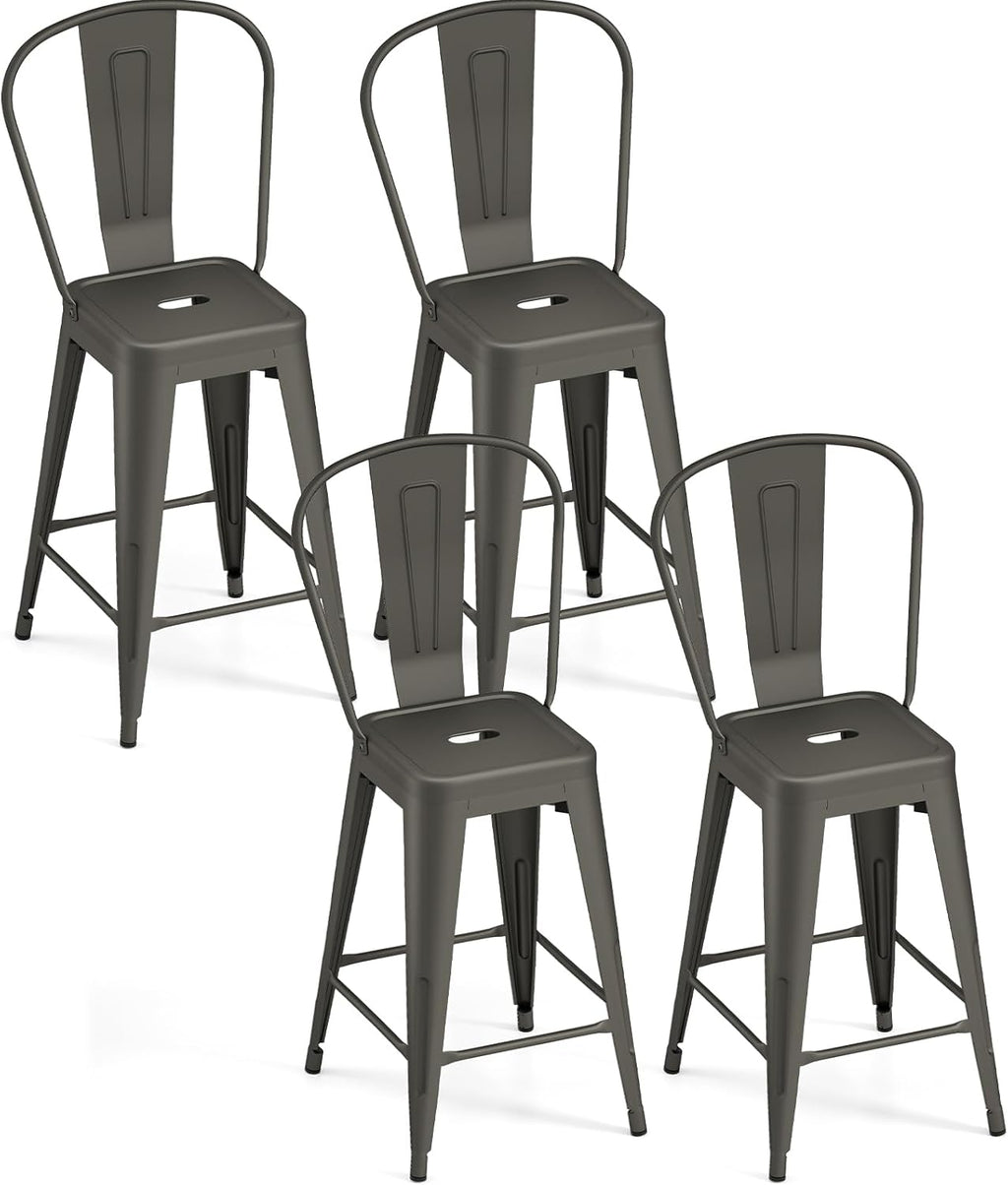 COSTWAY 24'' Metal Bar stools Set of 4, Counter Height Stools with Removable Back and Rubber Feet, Stylish and Modern Chairs, for Kitchen, Dining Rooms, and Side Bar, Gun