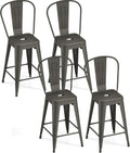 COSTWAY 24'' Metal Bar stools Set of 4, Counter Height Stools with Removable Back and Rubber Feet, Stylish and Modern Chairs, for Kitchen, Dining Rooms, and Side Bar, Gun