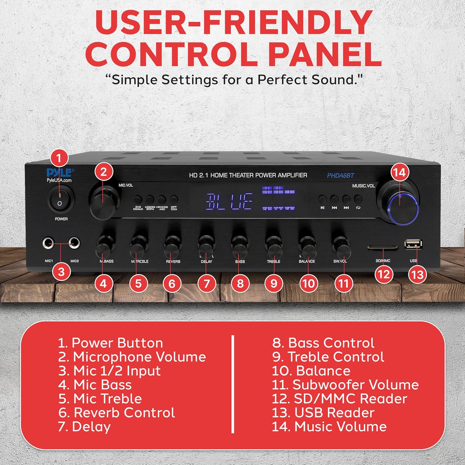 Pyle 400w Home Entertainment Amplifier with Bluetooth - Karaoke Optimized with Dual Mic Inputs with Reverb and Delay, Hi Def in and Out for Home Theater, USB-A Input, SD Card, FM Radio - PHDA6BT