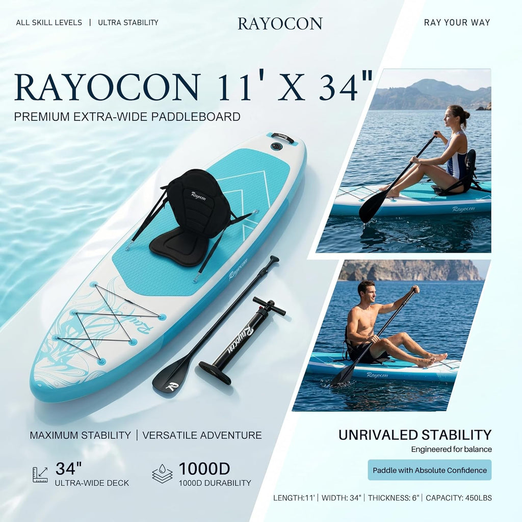 Inflatable Stand Up Paddle Board 11'×34" Extra Wide SUP, Ultra-Stable for Adults & Dog, 450lbs, Dual Chamber Pump, Fiberglass Paddle, Military Grade Dual Layer