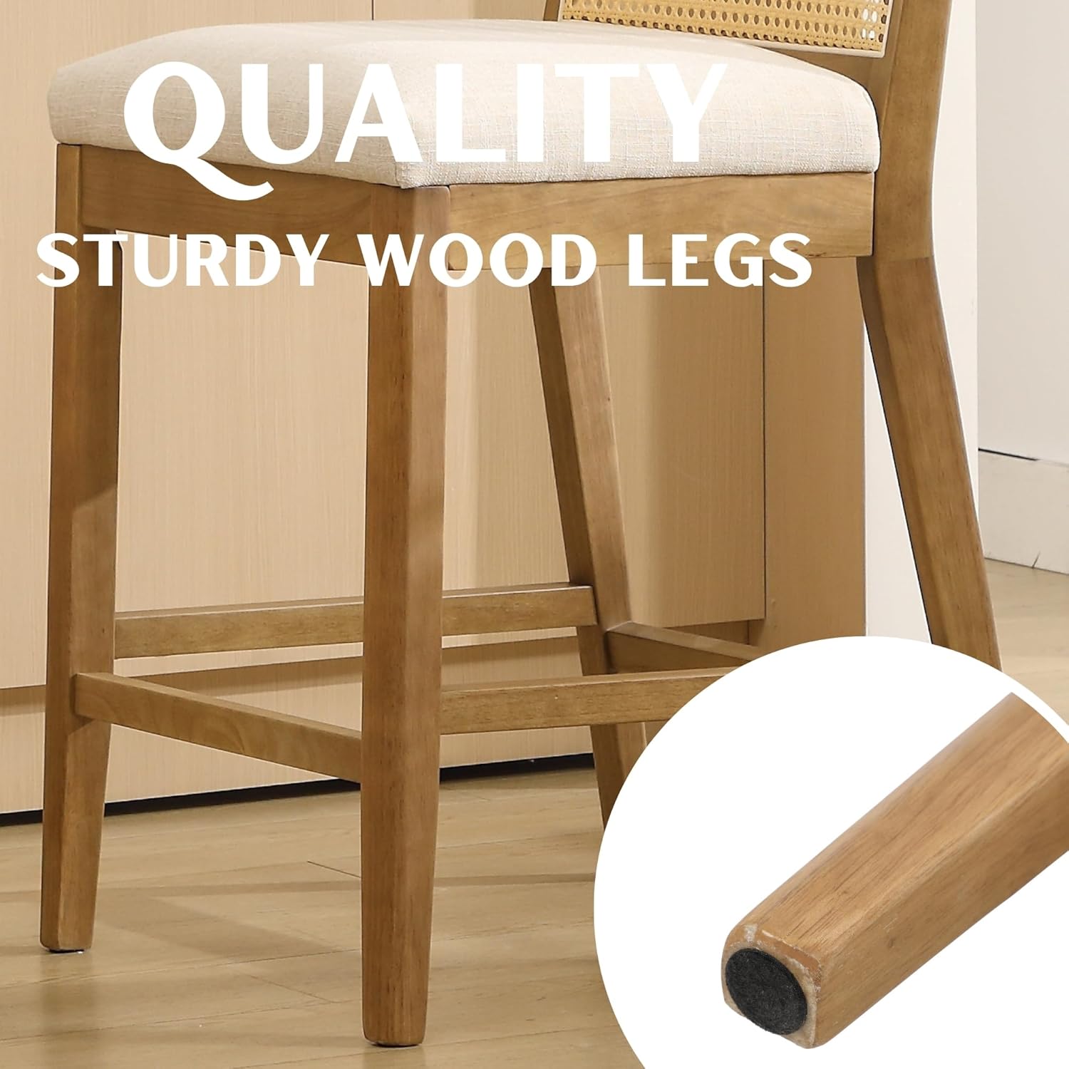RIVOVA 26.5" Rattan Bar Stools Set of 4 Modern Linen Fabric Upholstered Counter Height Bar Stools, Kitchen Island Barstools with Rattan Back, Natural Finish Wood Legs Bar Chairs, Beige