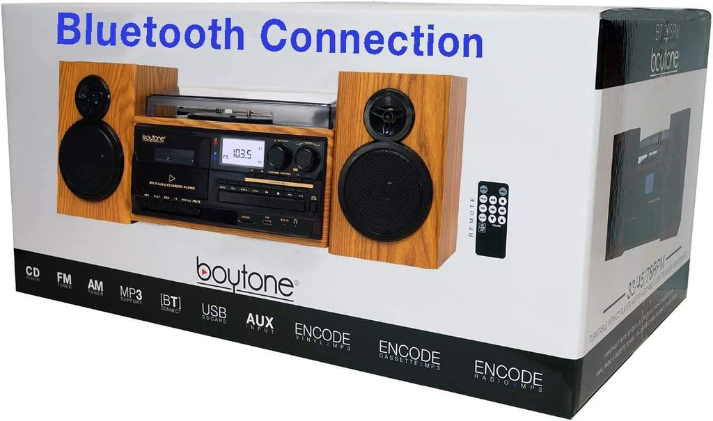 Boytone BT-28SPW Bluetooth Classic Record Player Turntable All-in-One with AM/FM Radio, CD/Cassette Player, 2 Separate Stereo Speakers, Record from Vinyl, Radio, and Cassette to MP3, SD slot, USB, AUX