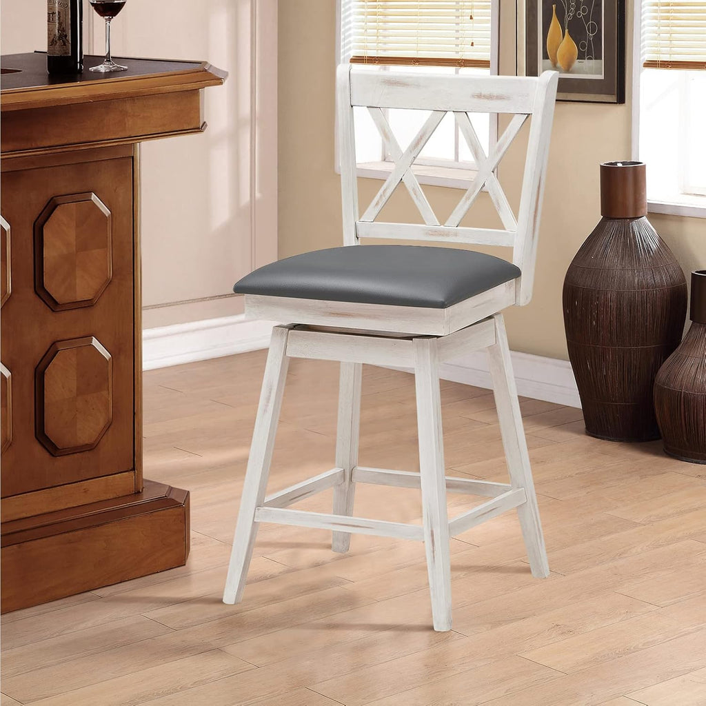 COSTWAY Bar Stool Set of 4, 360 ° Swivel Counter Height 25inch Bar Stool with Foot Rest Upholstered Cushion & Ergonomic Backrest, Sturdy Frame, for Pub, Kitchen Islands (4, Antique White + Grey)