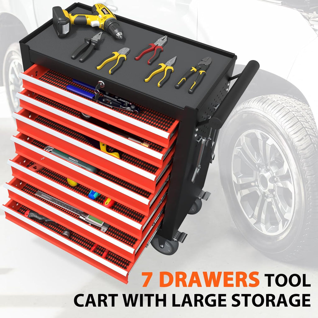 7-Drawer High Capacity Rolling Tool Box, Removable Cabinet Storage Tool Chest with Wheels and Drawers, Detachable Toolbox with Lock for Mechanics Garage Workshop and Tool Room (Black&red)