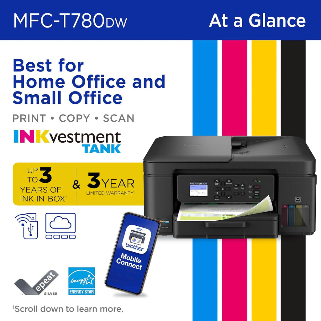Brother INKvestment Tank 780 Wireless Color Inkjet All-in-One Printer with Duplex Printing | Includes up to 3 Years of Ink in-Box(1) and a 3-Year Limited Warranty(2) (MFC-T780DW)