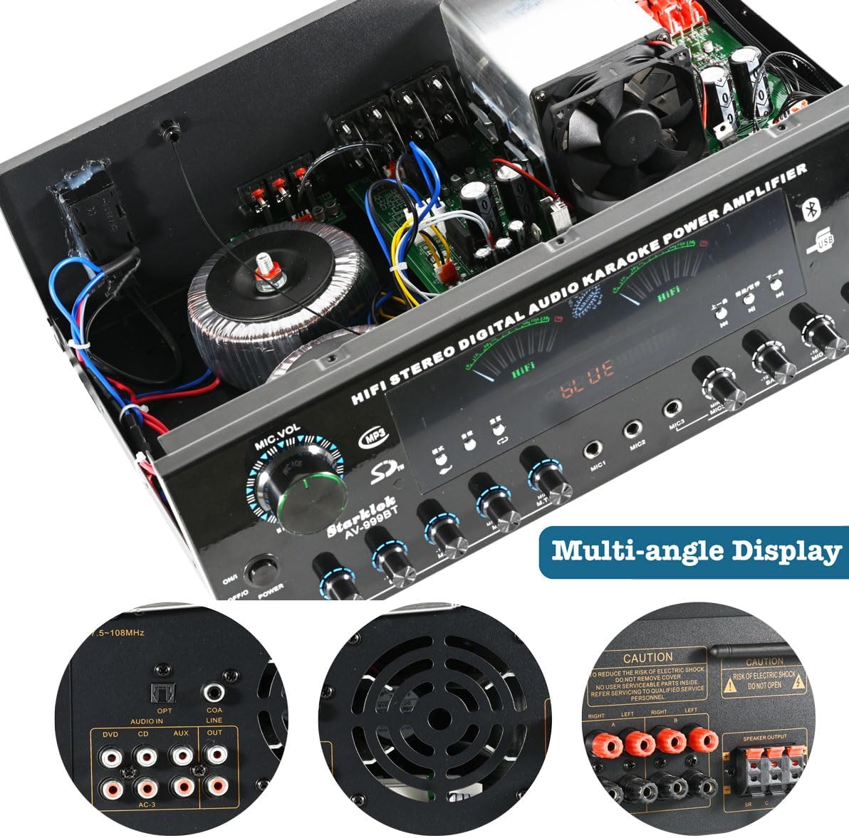 7 Channel Stereo Amplifier for Home Audio, AV-999BT Bluetooth 5.4 Audio Amplifier, Home Stereo Receiver with BT/CD/DVD/AUX/USB/SD/FM/Opt/COA/MIC, High Peak 1000W, Dual Transformers Design