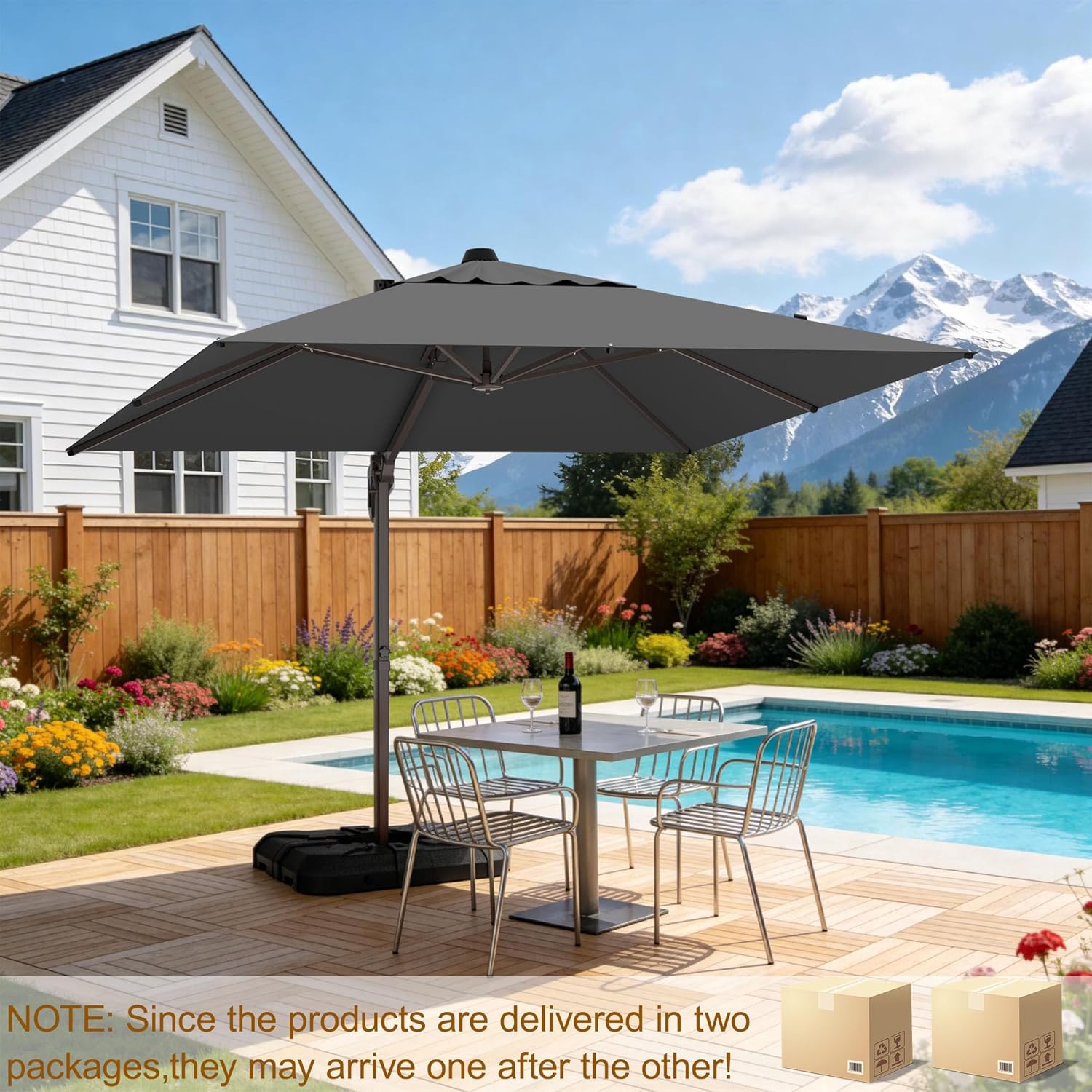10' X 10' Patio Umbrella Cantilever Outdoor Rectangle Umbrella with Base Included, Heavy Duty 360°Rotation Offset Umbrella for Garden Deck Pool Patio, Grey