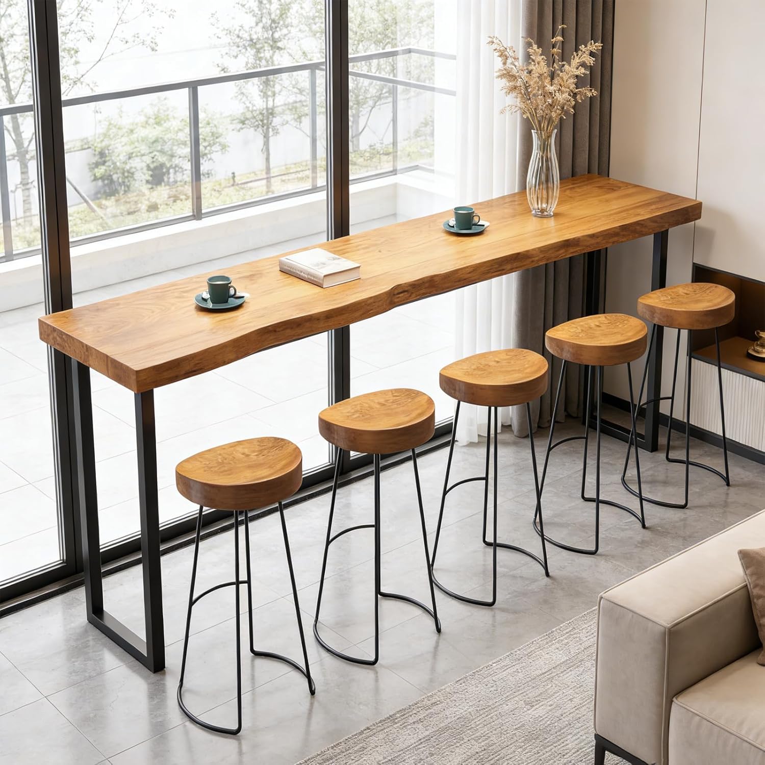 62.9in Bar Table,Solid Wood Narrow Counter Height Table, Industrial Kitchen Dining Table, for Coffee Shop, Living Room, Party Room, Small Space, Pub (62.9 * 17.71 * 41.3in)
