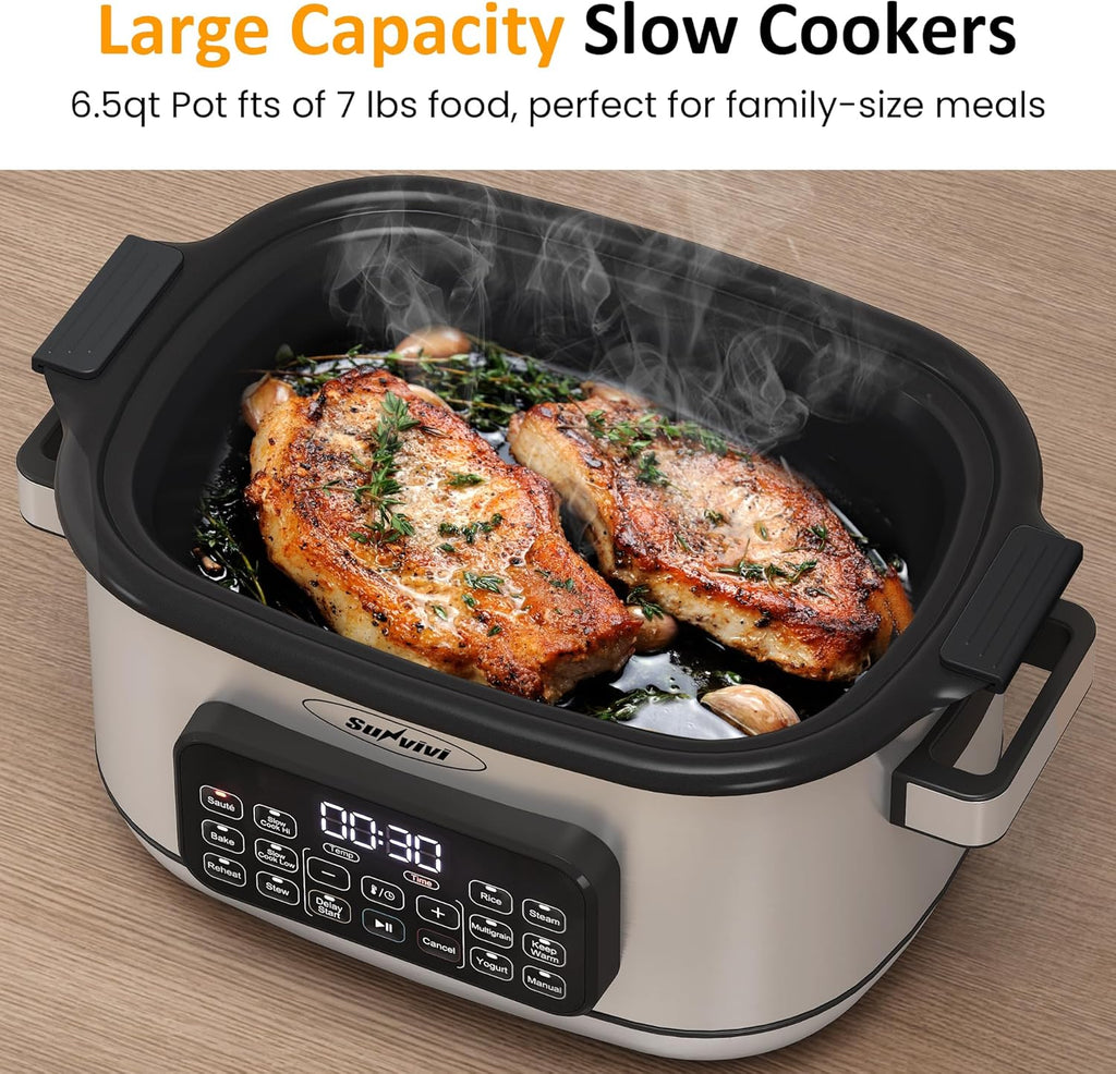 Sunvivi 12-in-1 Multi Cooker, 6.5QT Programmable Slow Cooker with Timer & Temp Control, Auto Warm Setting, Delay Start, Dishwasher Safe Lid & Removable Nonstick Crock, Stainless Steel Rack, Sliver