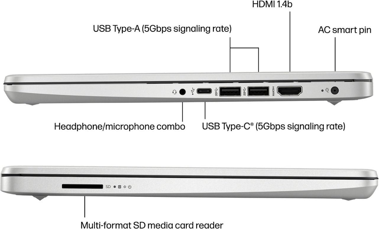 HP 14-dq0760dx 14 Inch HD Laptop Intel Celeron N4120 4GB DDR4 RAM 128GB eMMC Intel UHD Graphics Windows 11 Home in S Mode USB Type-C HDMI Ports, Natural Silver 9R334UA (Renewed)