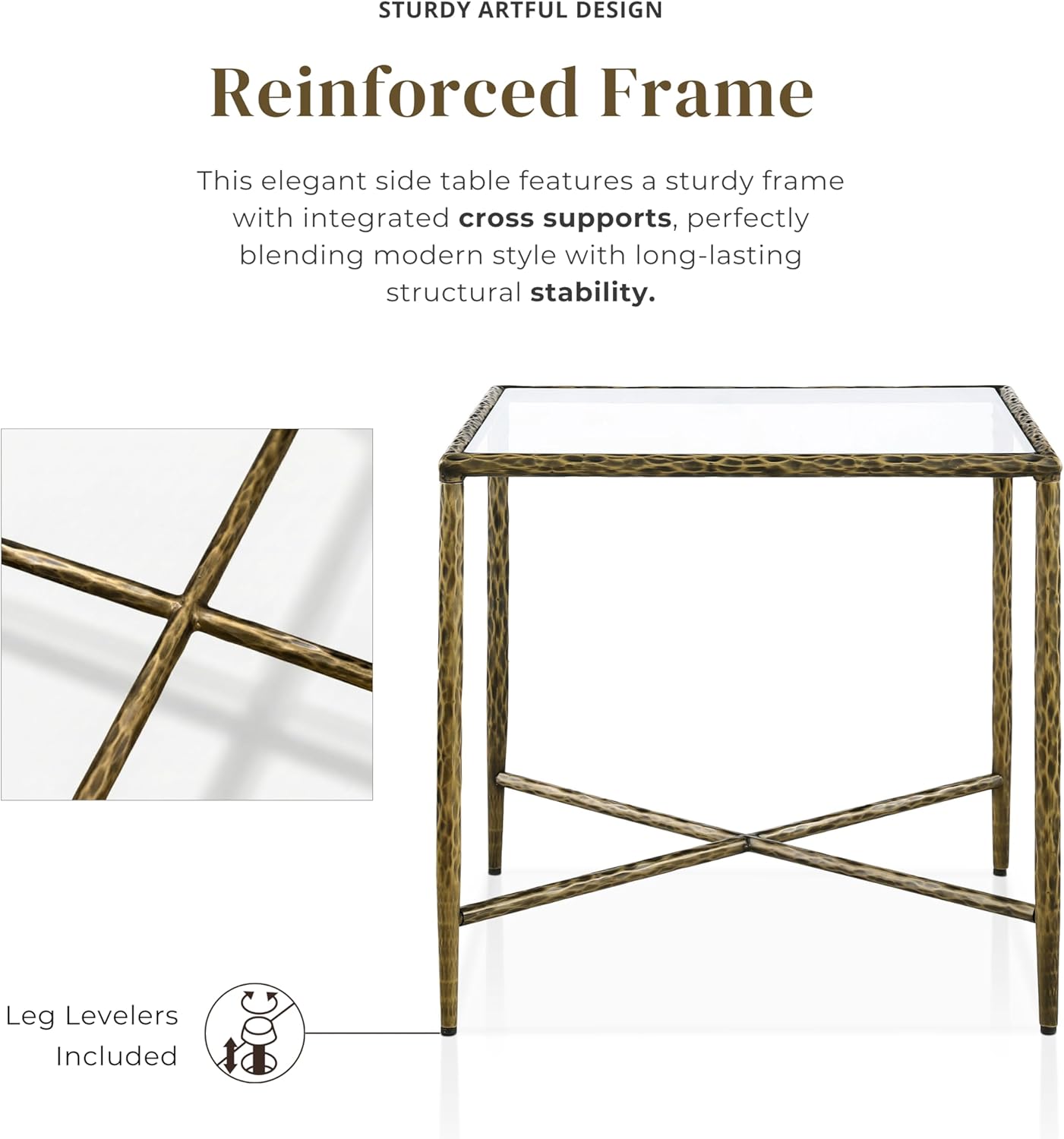 24/7 Shop at Home Lalia Modern Square End Table with X-Brace Metal Base, Tempered Glass Top, Hammered Steel Frame for Living Room, Matte Gold