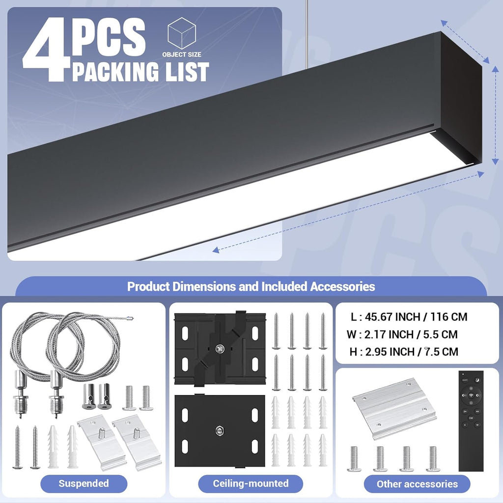 4FT LED Linear Lights with Remote 60W Up and 12W Down Light, 3000-5000K 4 Feet Commercial Shop Lighting for Office Garage Basement Shop Dining Room bar, Dimmable 4' Architectural Fixture-4Pack