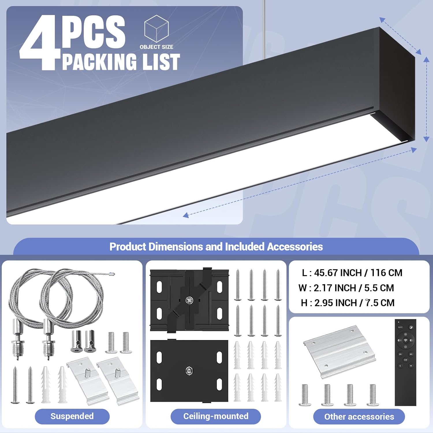 4FT LED Linear Lights with Remote 60W Up and 12W Down Light, 3000-5000K 4 Feet Commercial Shop Lighting for Office Garage Basement Shop Dining Room bar, Dimmable 4' Architectural Fixture-4Pack