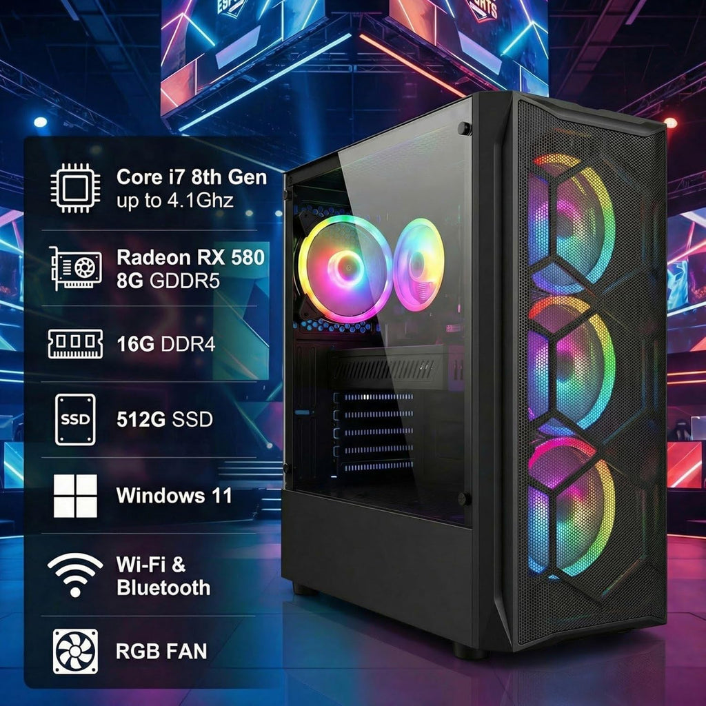 STGAubron Gaming PC Computer Desktop, Intel Core i7 8th Gen up to 4.1G, Radeon RX 580 8G, 16G DDR4, 512G SSD, WiFi 6, BT 5.2, RGB Fan x4, Windows 11 Home