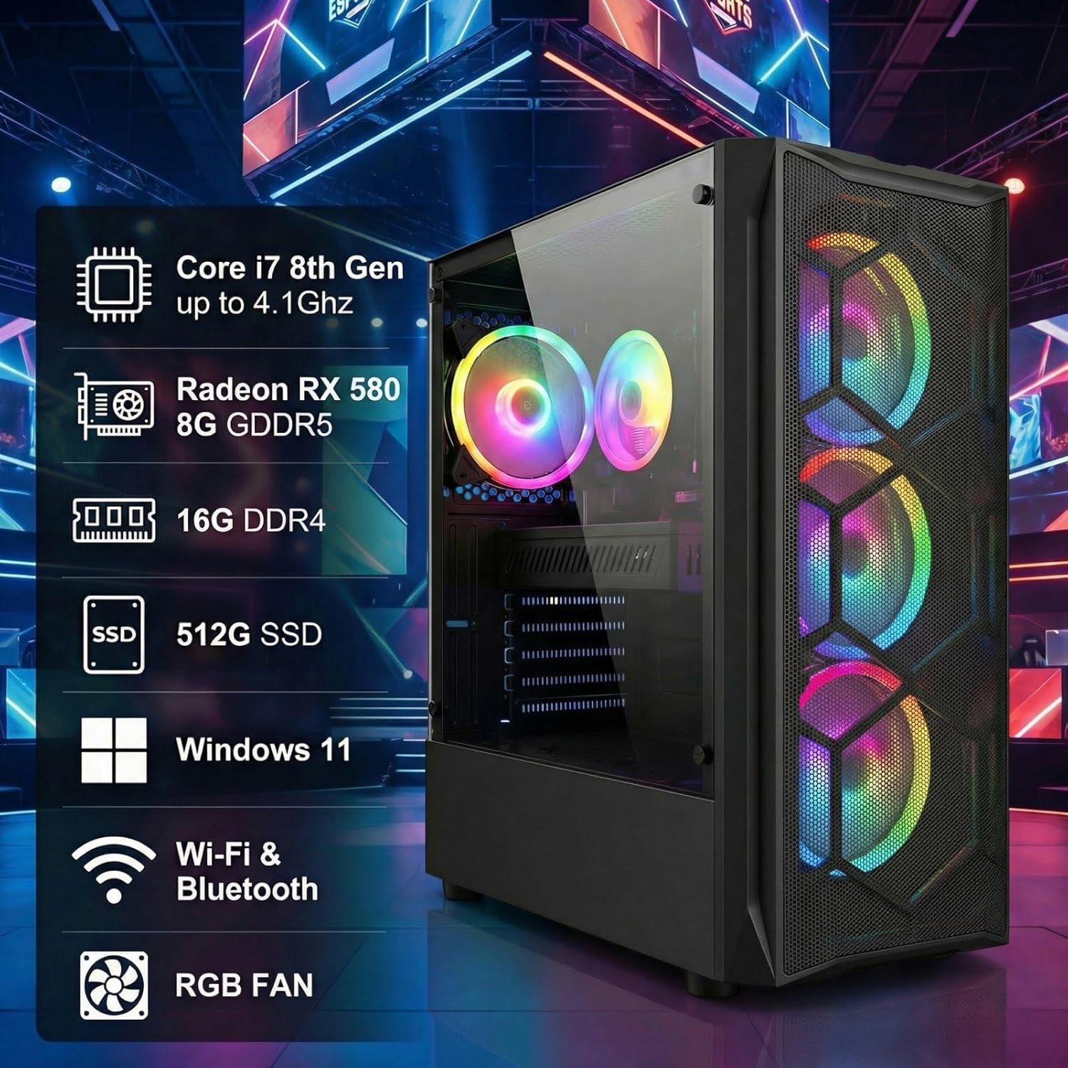 STGAubron Gaming PC Computer Desktop, Intel Core i7 8th Gen up to 4.1G, Radeon RX 580 8G, 16G DDR4, 512G SSD, WiFi 6, BT 5.2, RGB Fan x4, Windows 11 Home