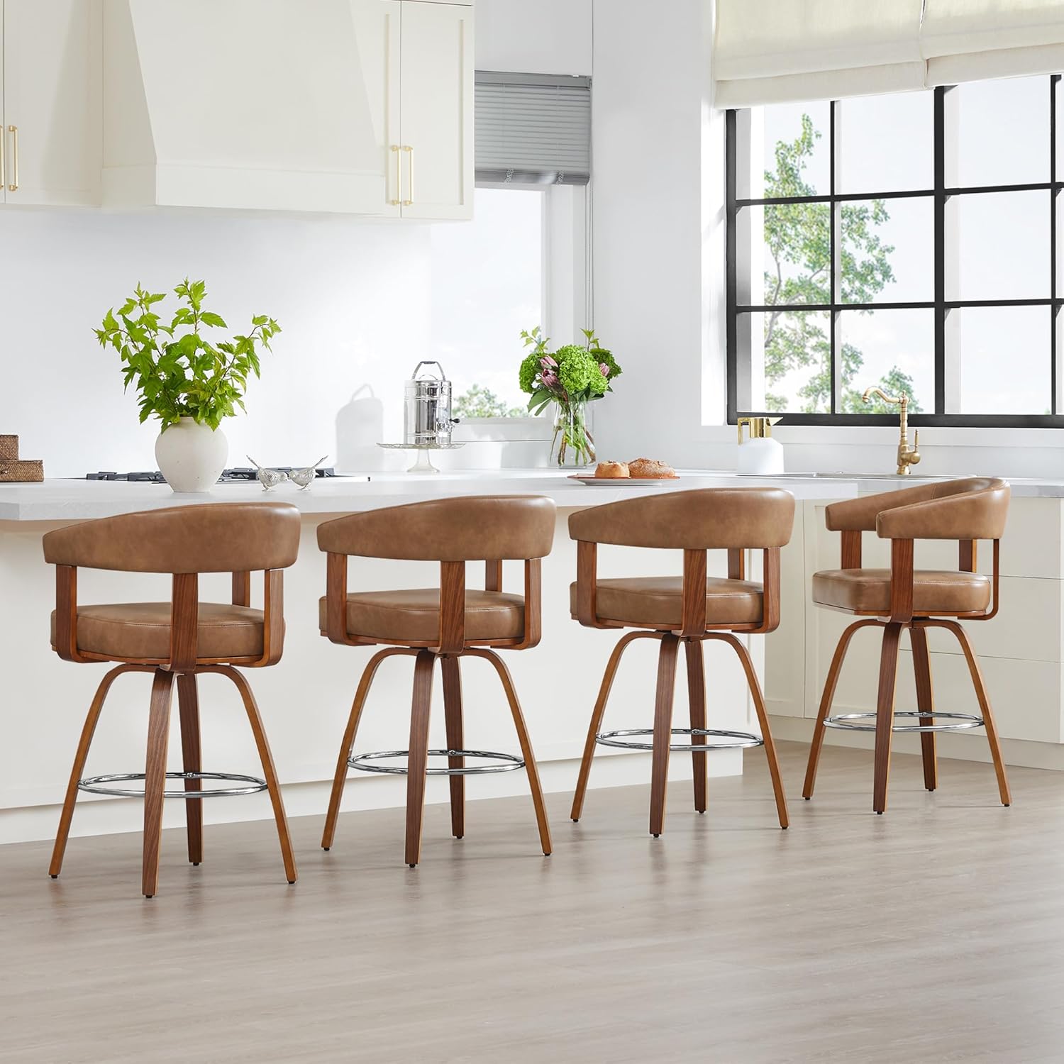 CHITA Swivel Counter Height Barstools Set of 2, FSC Certified Faux Leather Upholstered Bar Stools with Back and Armrest for Kitchen Island Home Bar, 27" Seat Height, Camel with Walnut Frame