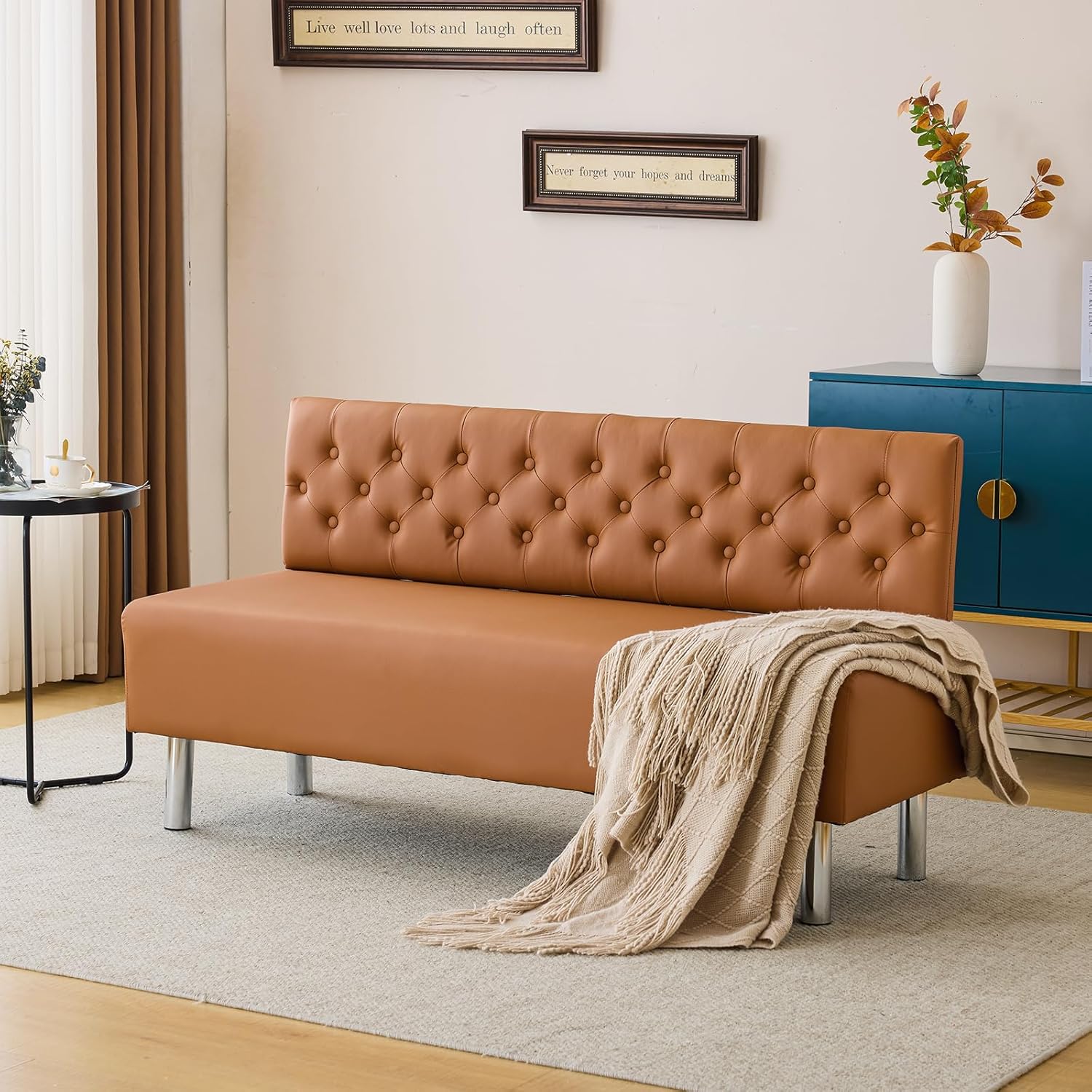 OmySalon Waiting Room Bench with Back, 58.6'' Office Guest Chair Upholstered Reception Seating, Lobby Furniture for Beauty Salon Barbershop Airport Bank Hall Room Conference, Button Tufted, Brown
