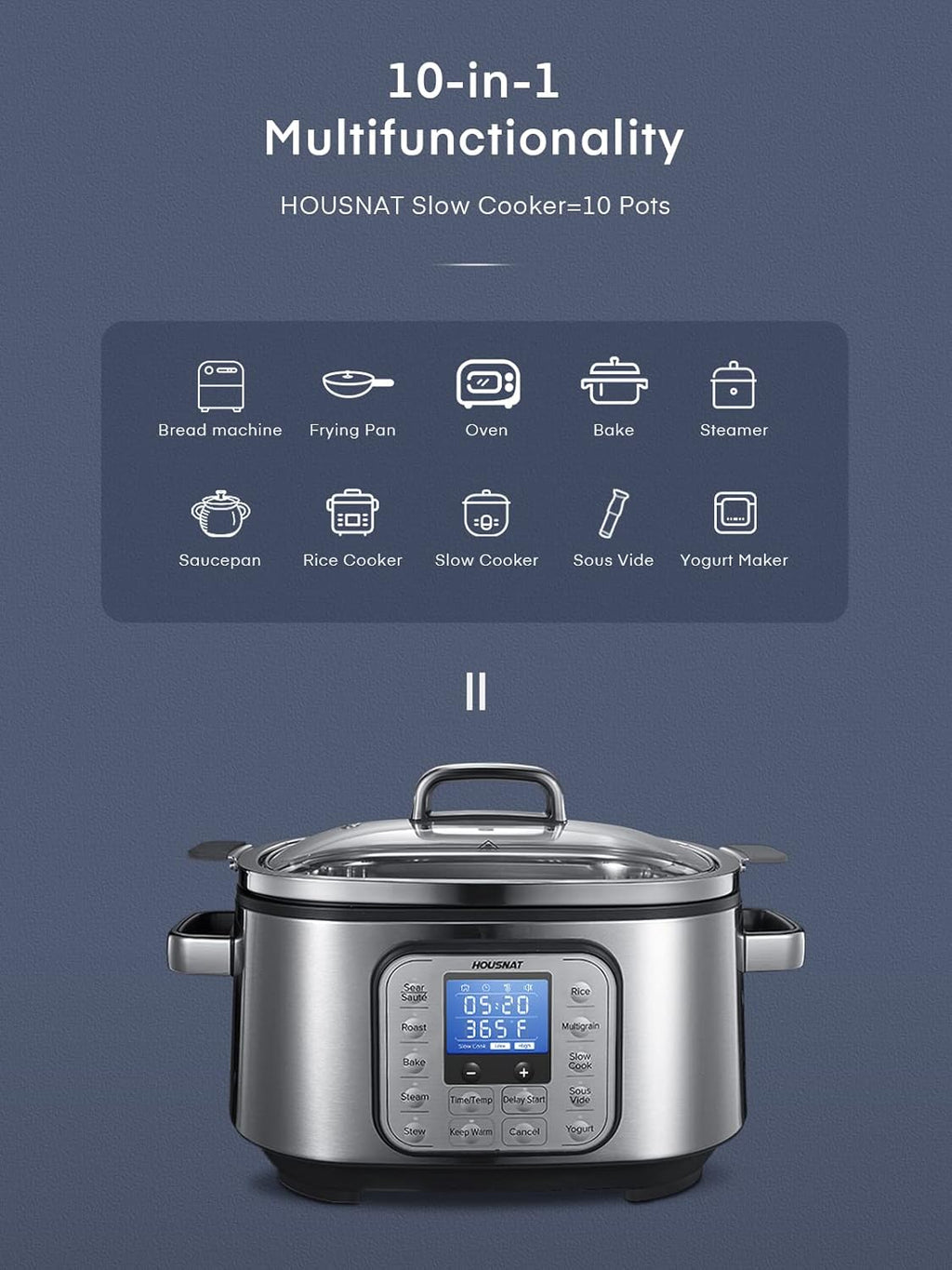 HOUSNAT Slow Cooker, 10 in 1 Programmable Slow Cooker 6QT 304 Stainless Steel Inner Pot, Multi-Cooker with Rice, Yogurt, Sauté, Steam, Delay Start & Adjustable Temp – for Large Families & Entertaining