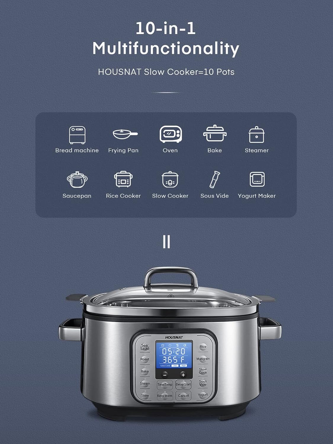 HOUSNAT Slow Cooker, 10 in 1 Programmable Slow Cooker 6QT 304 Stainless Steel Inner Pot, Multi-Cooker with Rice, Yogurt, Sauté, Steam, Delay Start & Adjustable Temp – for Large Families & Entertaining