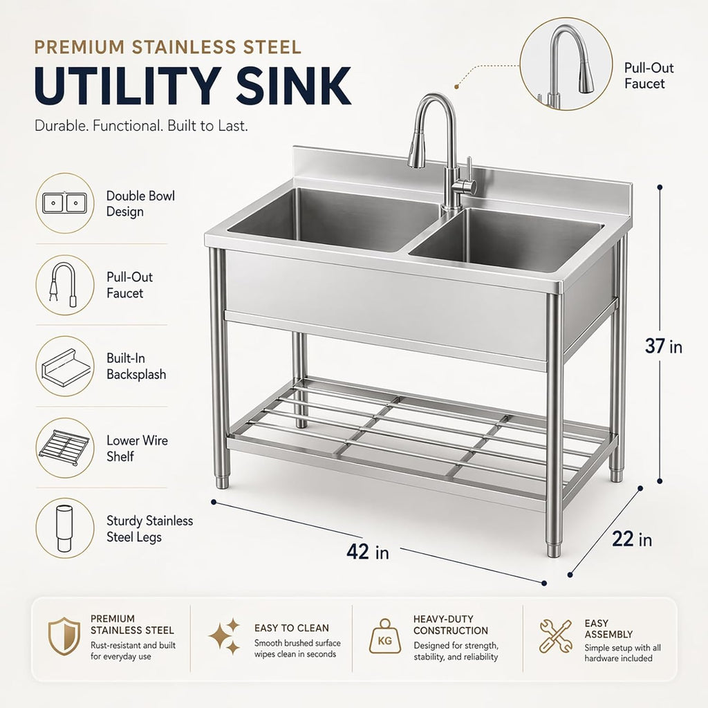 42" x 22" Freestanding Stainless Steel Utility Sink with Pull Down Faucet and Workbench Top, Extra Wide Basin for Laundry Room, Garage, or Workshop