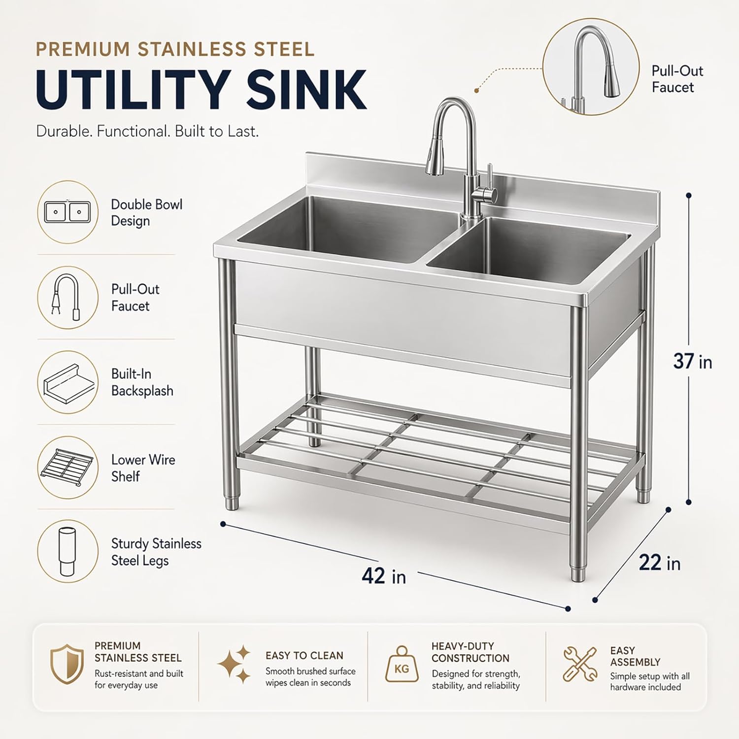 42" x 22" Freestanding Stainless Steel Utility Sink with Pull Down Faucet and Workbench Top, Extra Wide Basin for Laundry Room, Garage, or Workshop