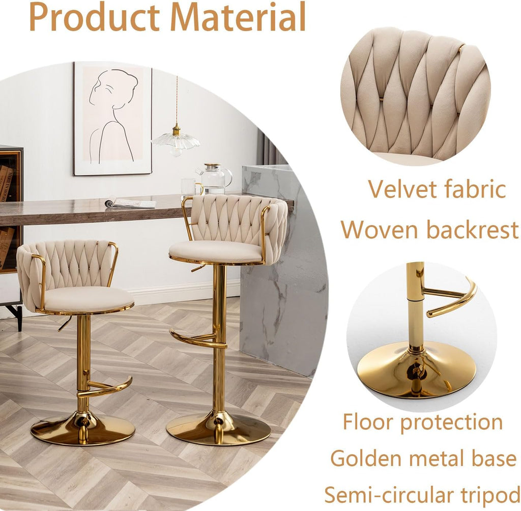 Riknuxi Woven Bar Stools Set of 4, Counter Height Bar Stools with Low Back, Gold Swivel Barstools for Kitchen Island, Bar Pub (Beige)