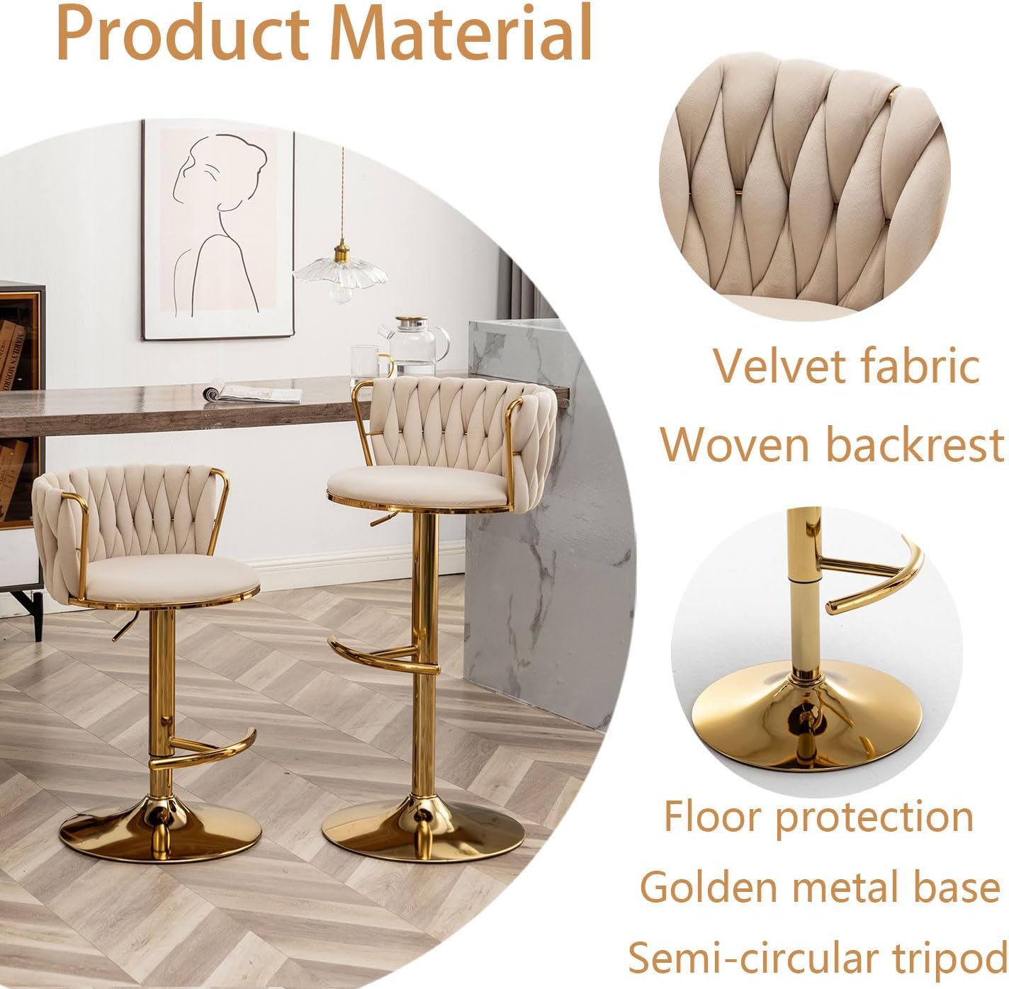 Riknuxi Woven Bar Stools Set of 4, Counter Height Bar Stools with Low Back, Gold Swivel Barstools for Kitchen Island, Bar Pub (Beige)
