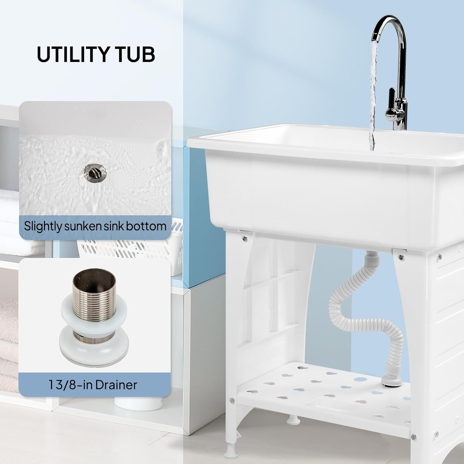 VINGLI Spacious White Utility Sink Laundry Tub for Laundry Room, Garage Washing Station, Slop Sink, Freestanding Sink with Stainless Steel Faucet, Drain, Storage Shelf and Removable Drainboard,White
