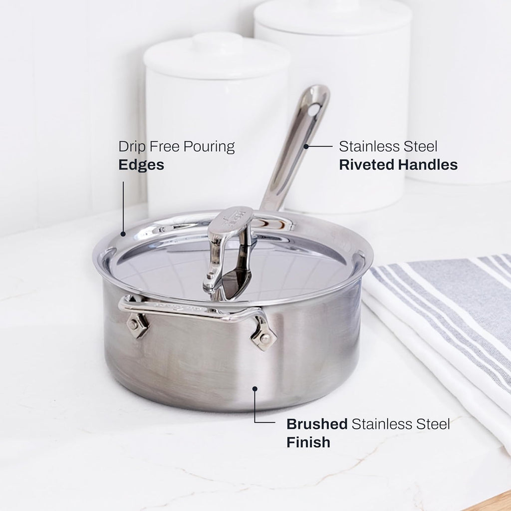All-Clad D5 5-Ply Stainless Steel Sauce Pan 3 Quart Induction Oven Broiler Safe 600F Pots and Pans, Cookware Silver