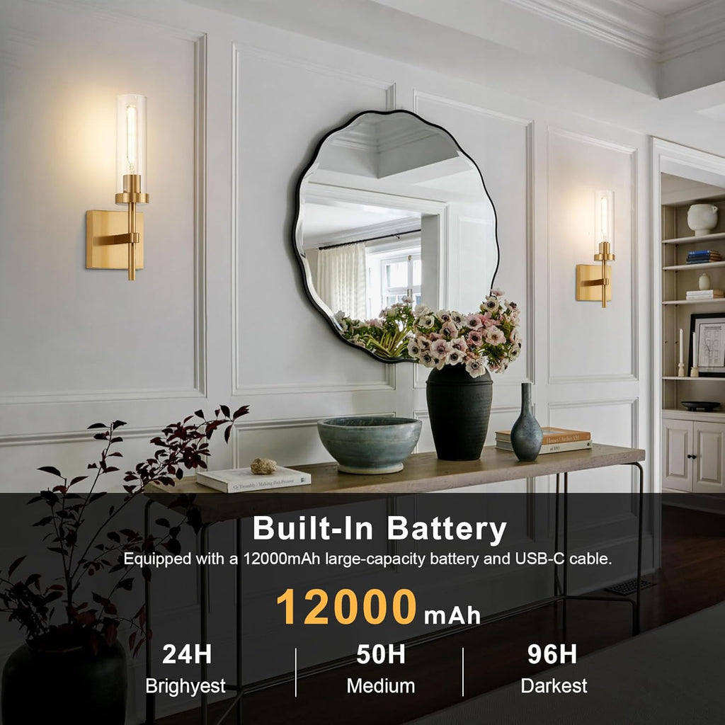 Gold Battery Operated Wall Sconce Set of 2, Wireless Wall Sconces with Remote Control, Rechargeable LED Dimmable Wall Light for Bedroom Bathroom Hallway Living room Entryway Stairwell, 3000K