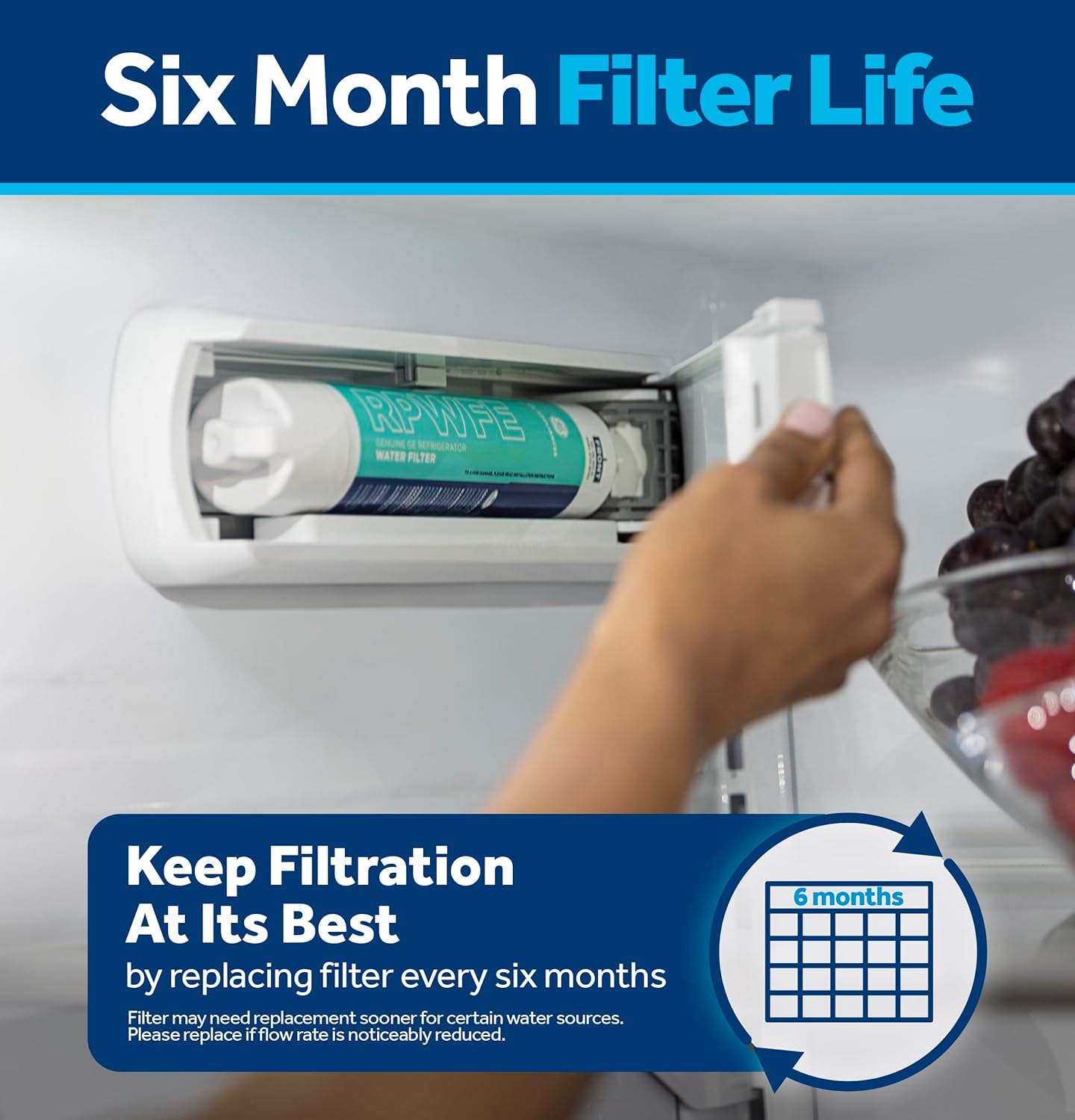 GE RPWFE Refrigerator Water Filter, Genuine Replacement Filter, Certified to Reduce Lead, Sulfur, and 50+ Other Impurities, Replace Every 6 Months for Best Results, Pack of 2