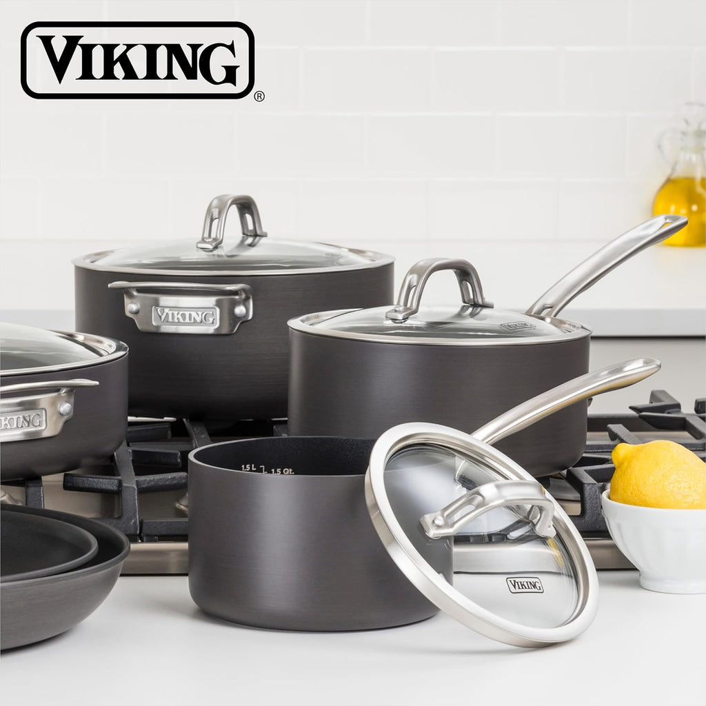 Viking Non Stick Sauce Pan with Glass Lid, 3 Quart Hard Anodized Nonstick Saucepan Cooking Pot, Dishwasher and Oven Safe, Induction Ready, Gray
