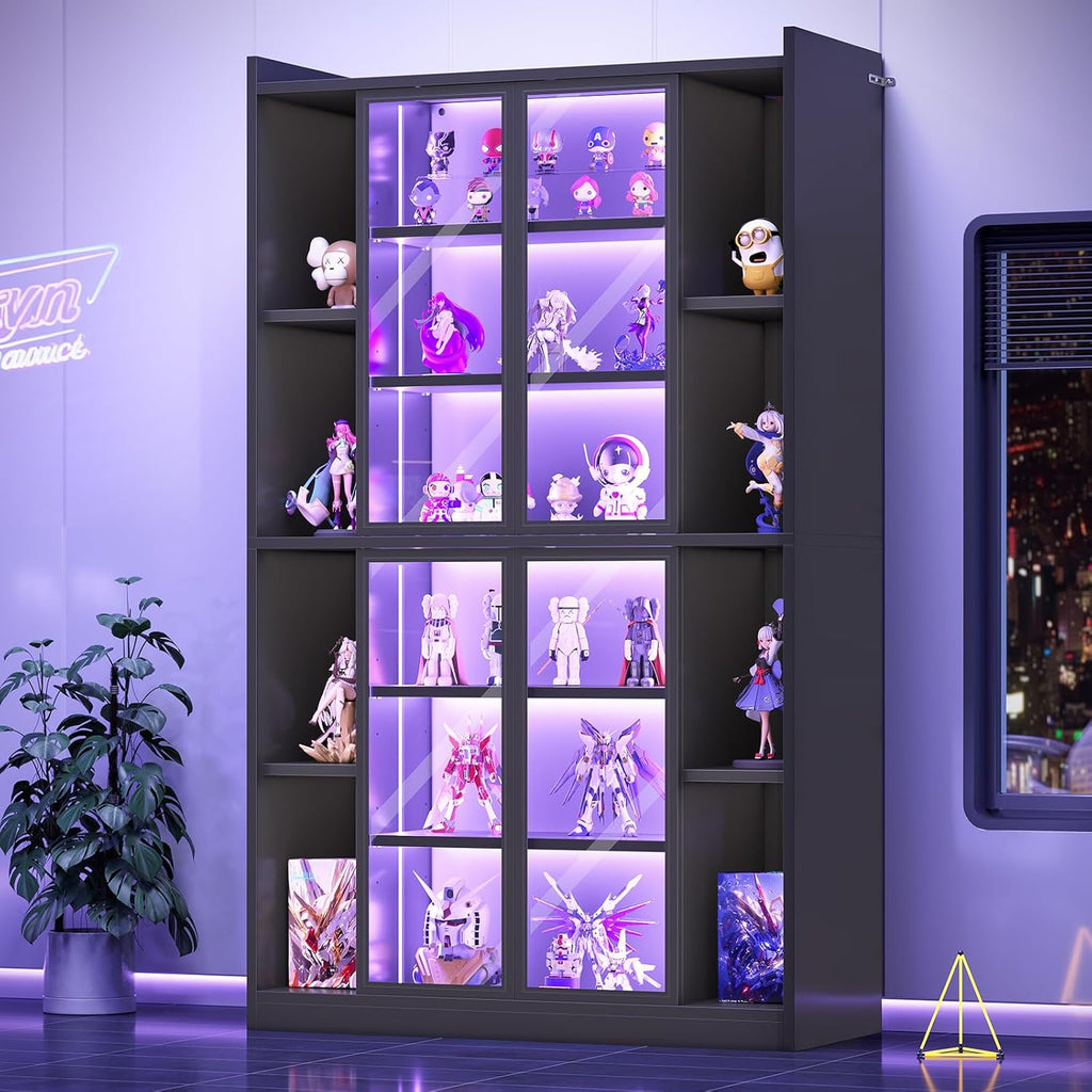 SEDETA 71" Display Cabinet with Acrylic Glass Doors, 6 Tier Display Cases for Collectibles, Curio Cabinet with LED Lights, Tall Bookcase with Adjustable Shelves, Black