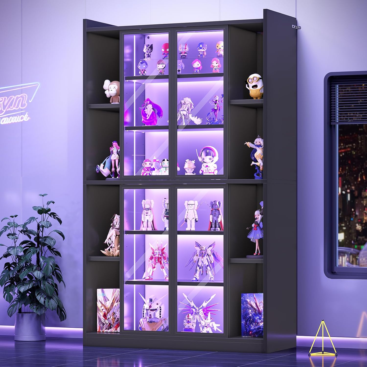 SEDETA 71" Display Cabinet with Acrylic Glass Doors, 6 Tier Display Cases for Collectibles, Curio Cabinet with LED Lights, Tall Bookcase with Adjustable Shelves, Black