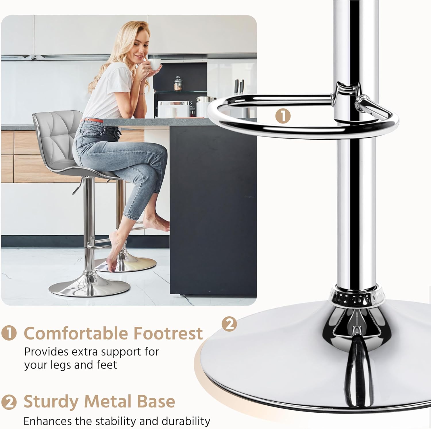 Yaheetech Bar Stools Set of 4, Island Chairs Shell Back, PU Leather Adjustable Barstools, Swivel Barstools with Footrest for Home Kitchen, Light Gray