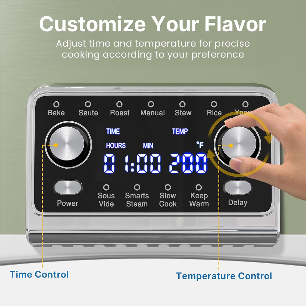 12-in-1 Programmable Slow Cooker Roaster Oven, 8 Quart Digital Multi-Cooker Food Warmer with Timer, Temp Control & Auto Shut Off, Removable Non-Stick Pot, Dishwasher-Safe Glass Lid, Green