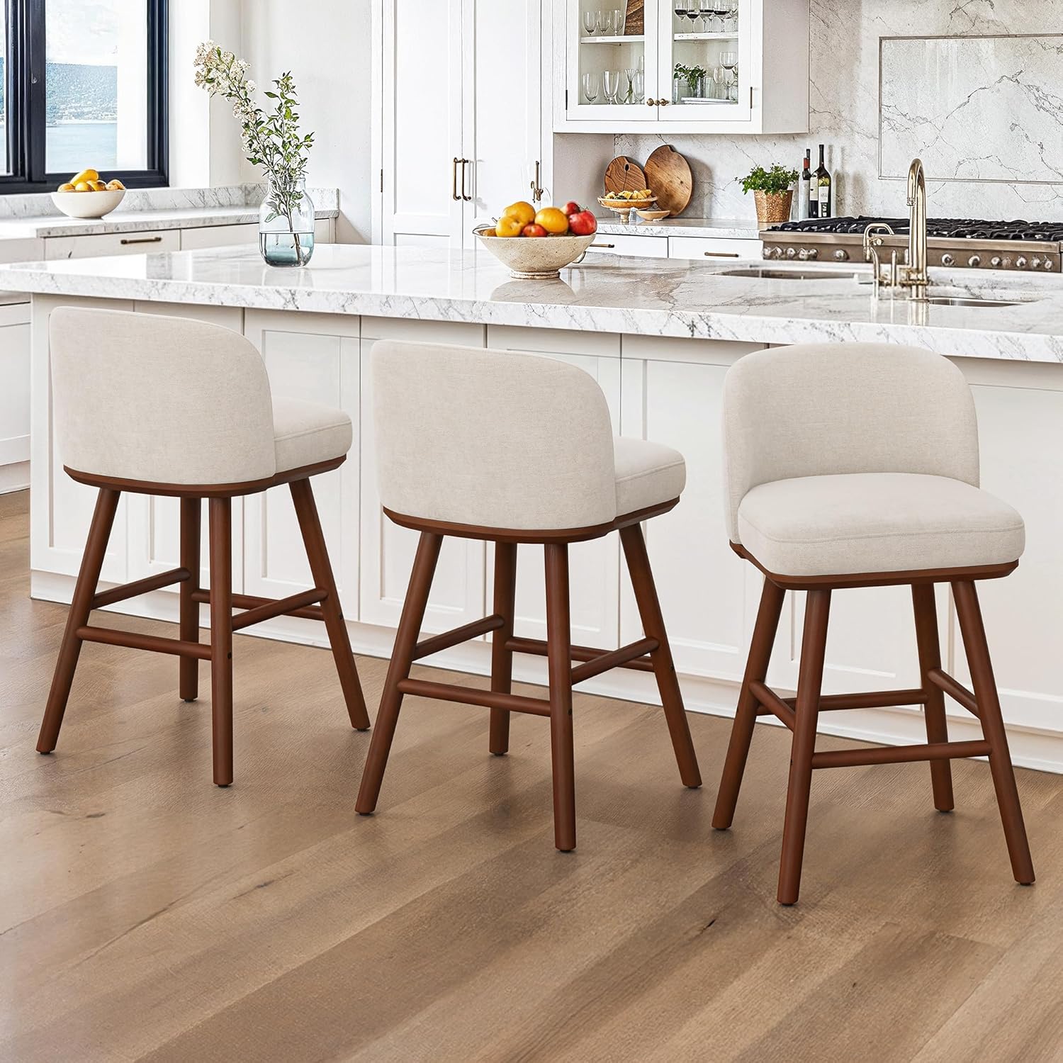 LUE BONA Counter Height Bar Stools Set of 3, Upholstered Barstools with Wooden Legs and Backs, 19.7" W & 27.6" H Counter Stools for Kitchen Counter, Fabric in Beige