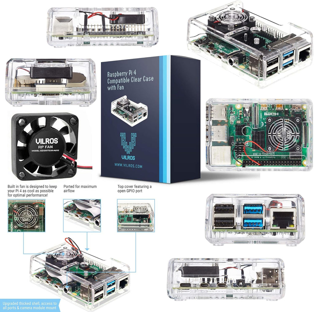 Vilros Raspberry Pi 4 Complete Starter Kit- Includes Raspberry Pi 4 Board, Fan Cooled Case, 64GB Preloaded Micro SD Card and More (4GB, Clear Transparent Case)
